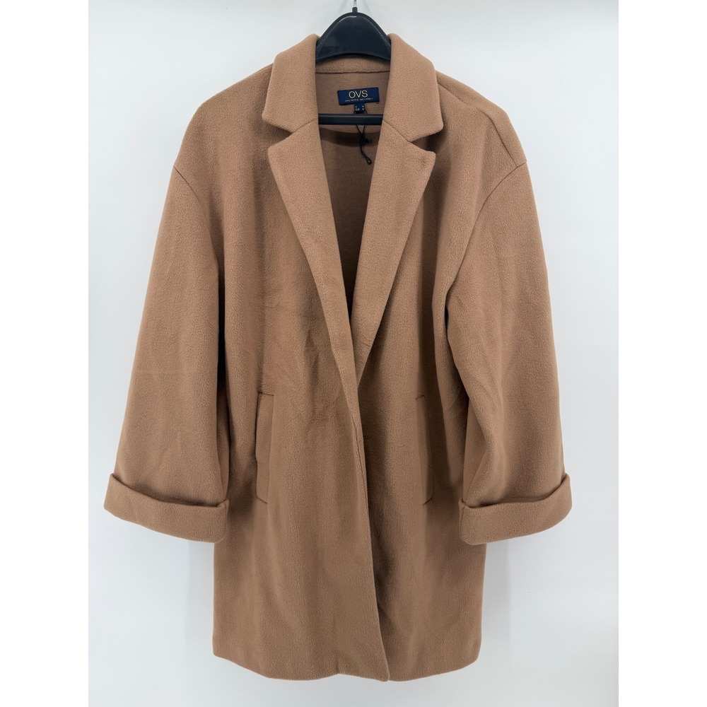 OVS Womens Camel Brown Open Front Overcoat‎ Notched Lapel Mid Length Jacket